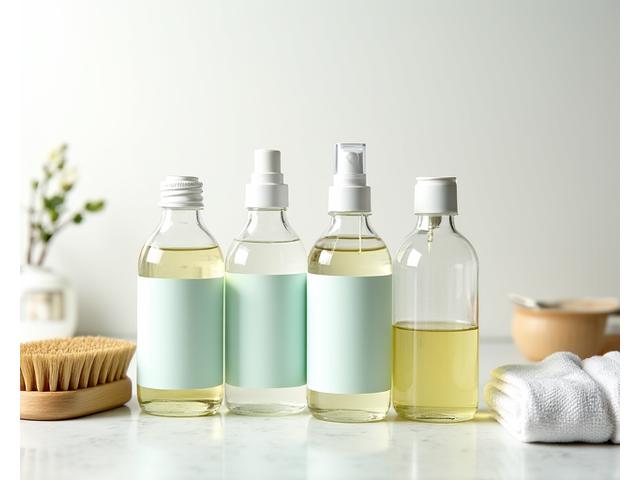 A collection of stylish, refillable glass bottles containing natural cleaning solutions, next to a bamboo scrub brush and an organic cotton cleaning cloth. The background is a clean, bright countertop.
