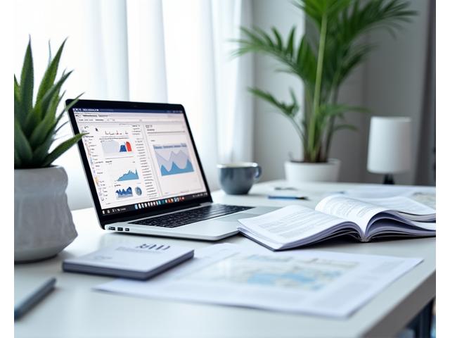 Medical research papers scattered around a laptop with analytics on screen.